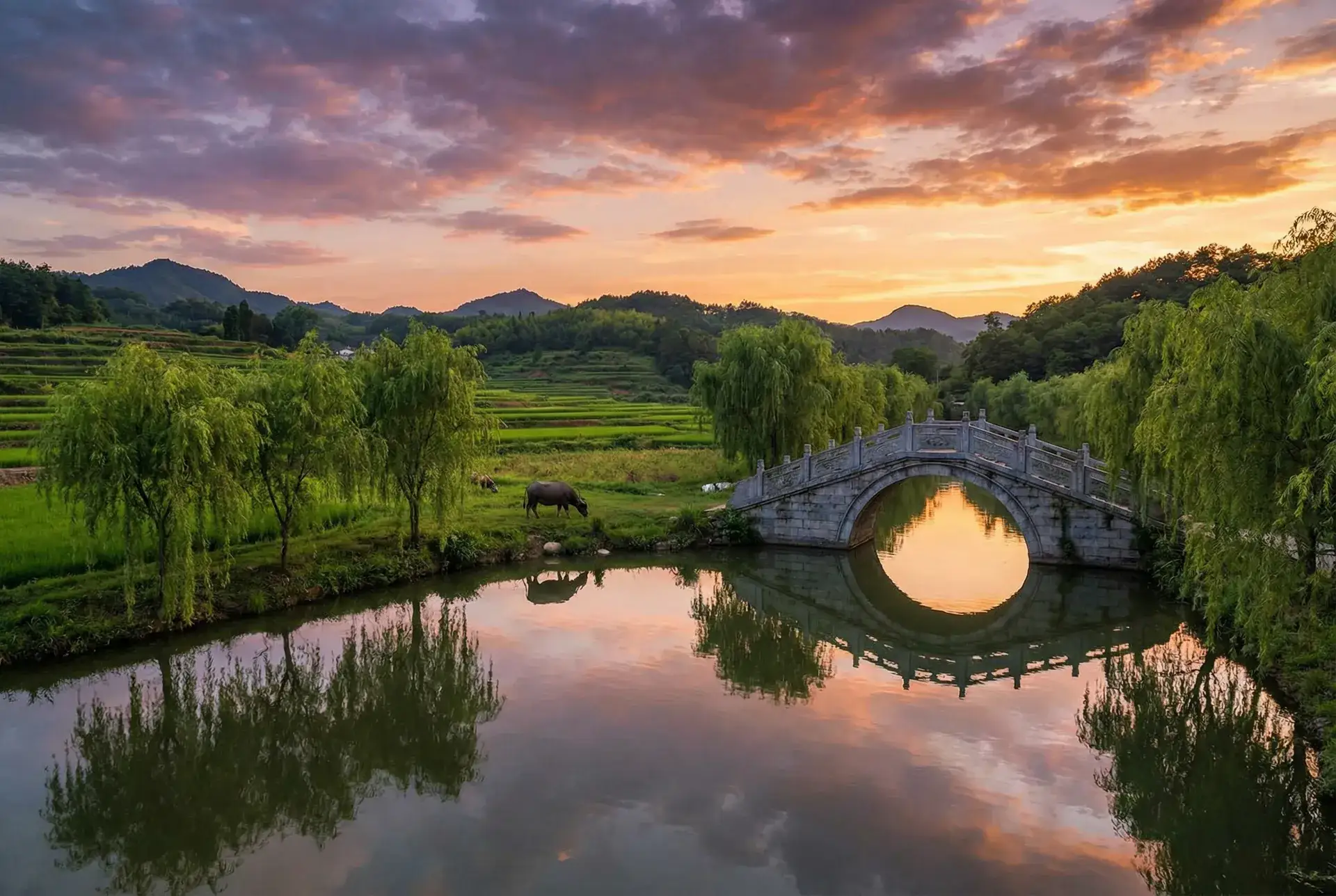 夕阳下的石拱桥与垂柳，水牛在河边吃草 - 小花仙翅膀 乡村美景