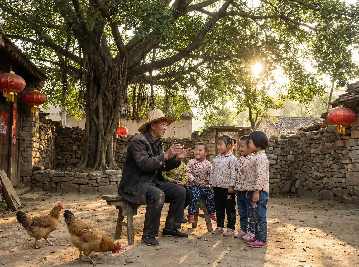 老人在大榕树下给孩子们讲故事 - 小花仙翅膀 乡村记忆